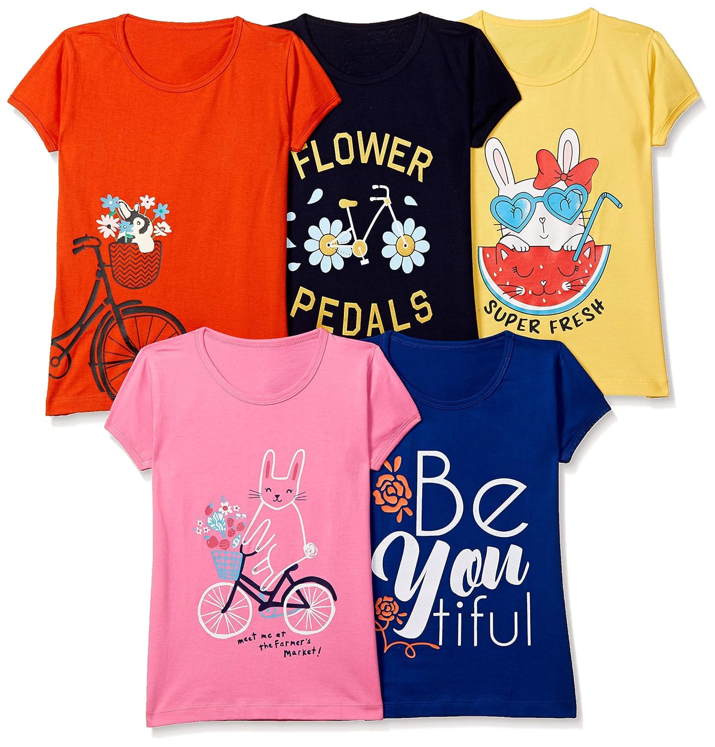 T2F Girls Solid Regular Fit T-Shirt Pack of 5(GLS-TSRT-01_Multicolor 4_7 Years-8 Years)