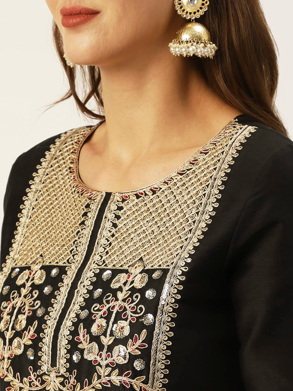 Ishin Womens Silk Blend Straight Yoke Design Sequinned Kurta Suit Set With Dupatta & Trouser