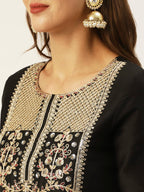 Ishin Womens Silk Blend Straight Yoke Design Sequinned Kurta Suit Set With Dupatta & Trouser