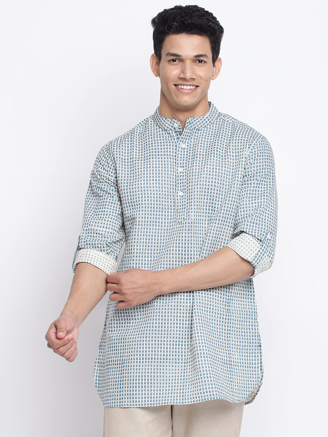 Fabindia Mens Teal Linen Blend Printed Slim Fit Short Kurta
