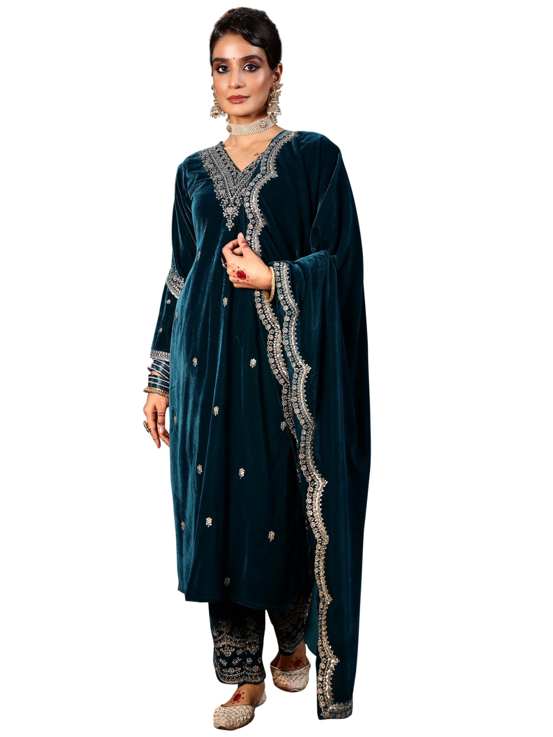 Libas Womens Embroidered Velvet Straight Kurta With Palazzos And Dupatta Teal Blue