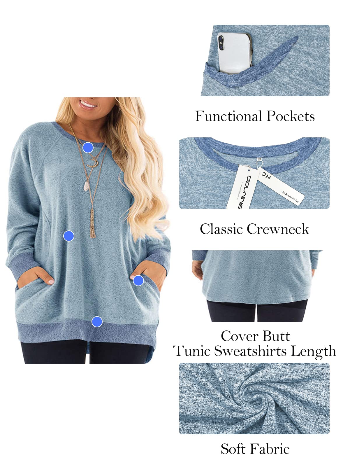DOLNINE Womens Plus Size Tops Color Block Pocket Sweatshirts Long Sleeve Tunics Blue-16W