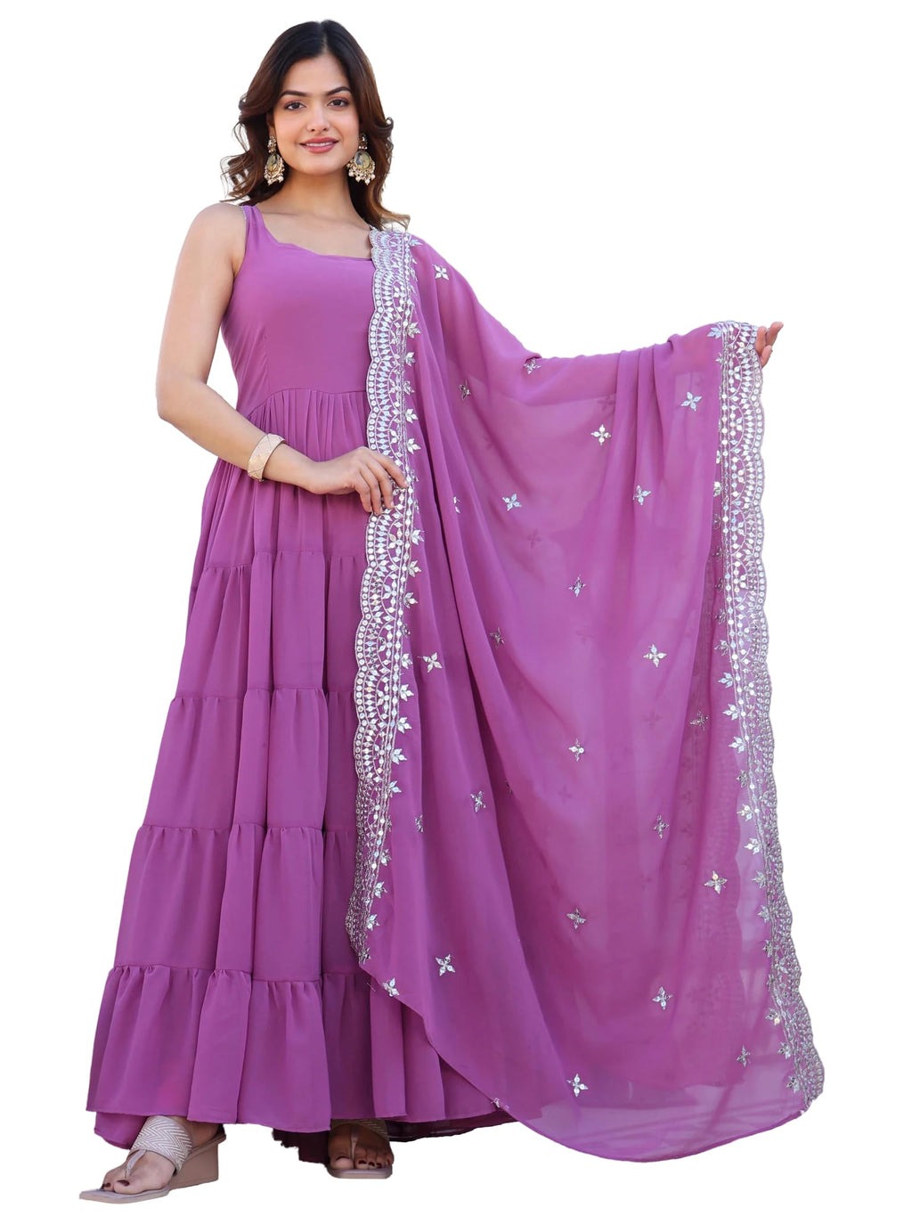 Wedani Women 's Plain Pink Georgette Anarkali Kurta, Light Purple, 42