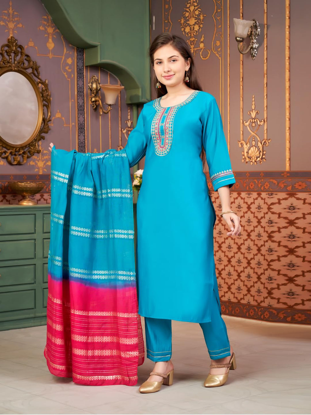 Aarika Girls Ethnic Wear Turqouise Colour Sequin Embroidery Silk Kurti Pant Set-10-15 Years (Kp-Sd-6001)