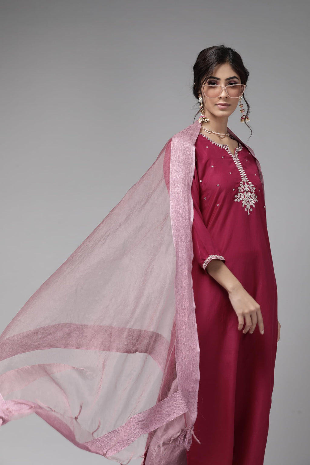 Varanga Magenta Zari Embroidery Kurta With Mauve Palazzo And Bhagalpuri Silk Dupatta.