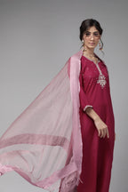 Varanga Magenta Zari Embroidery Kurta With Mauve Palazzo And Bhagalpuri Silk Dupatta.