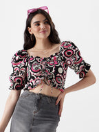 The Souled Store Official Powerpuff Girls: Flower Power Women and Girls Skinny Fit Half Sleeve Graphic Print Polyester Black Col