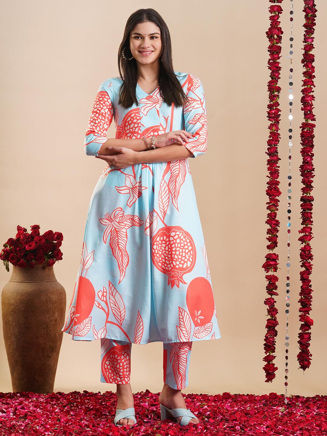 ANNI DESIGNER Women s Rayon Blend Kurta with Pants, Orange, XL