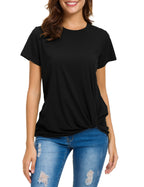 MSHING Women Casual Round Neck Short Sleeve Tie Up Blouse Comfortable Cotton Basic Tops, Black, Small