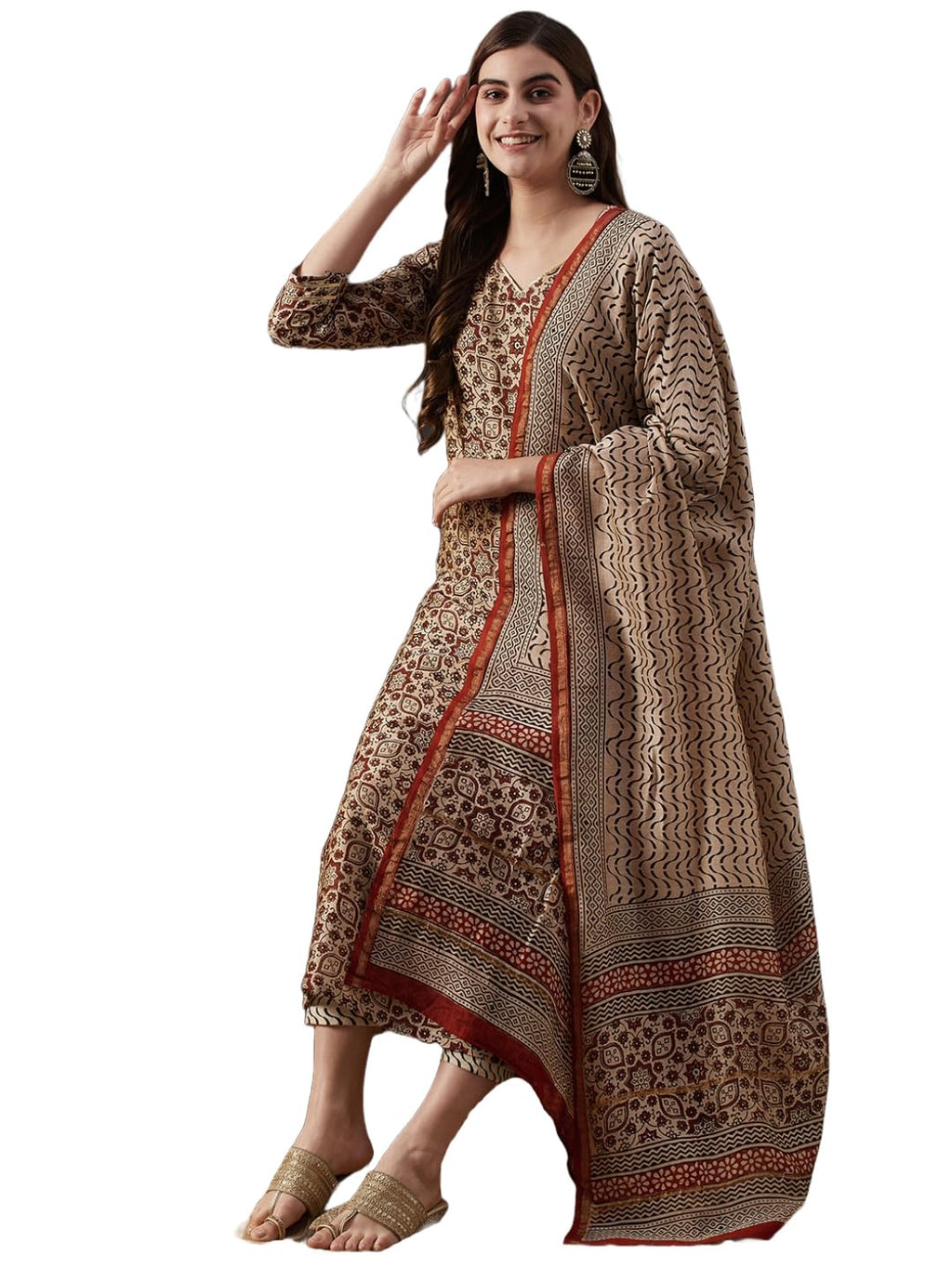 ANNI DESIGNER Womens Cotton Blend Straight Printed Kurta with Pant & Dupatta (Kalpa Beige_S_Beige_Small)