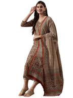 ANNI DESIGNER Womens Cotton Blend Straight Printed Kurta with Pant & Dupatta (Kalpa Beige_S_Beige_Small)