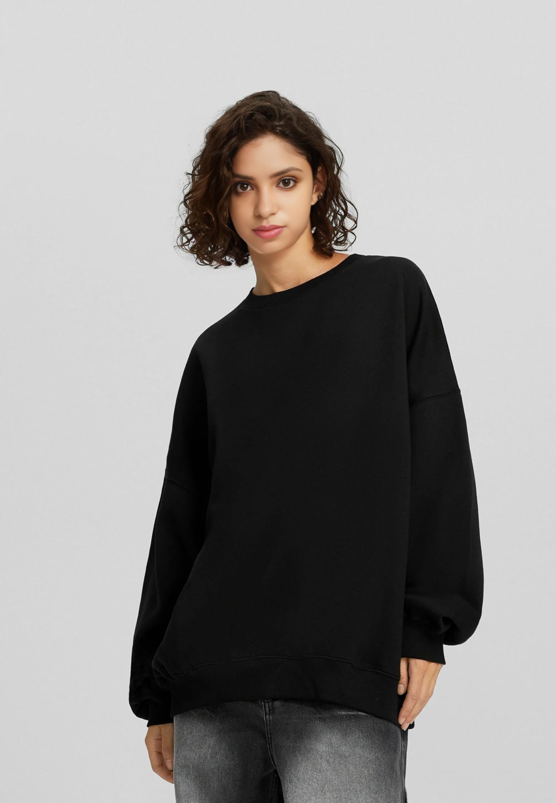 Kotty Women Full Sleeve Round Neck Oversize Solid Sweatshirt Ink Black