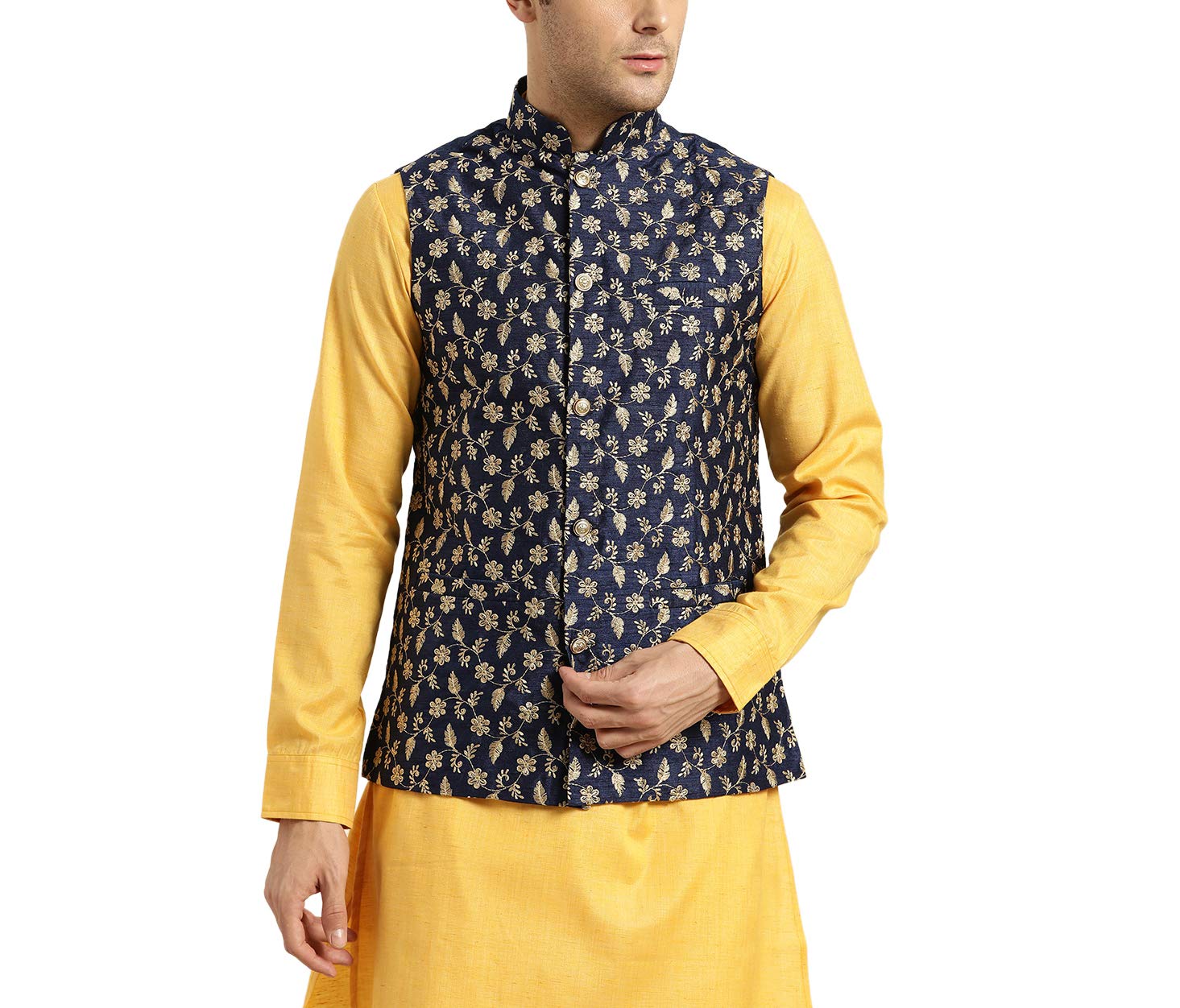 Sojanya (Since 1958, Mens Silk Blend, Navy Blue & Gold Embroidered Nehru Jacket, Size: 44