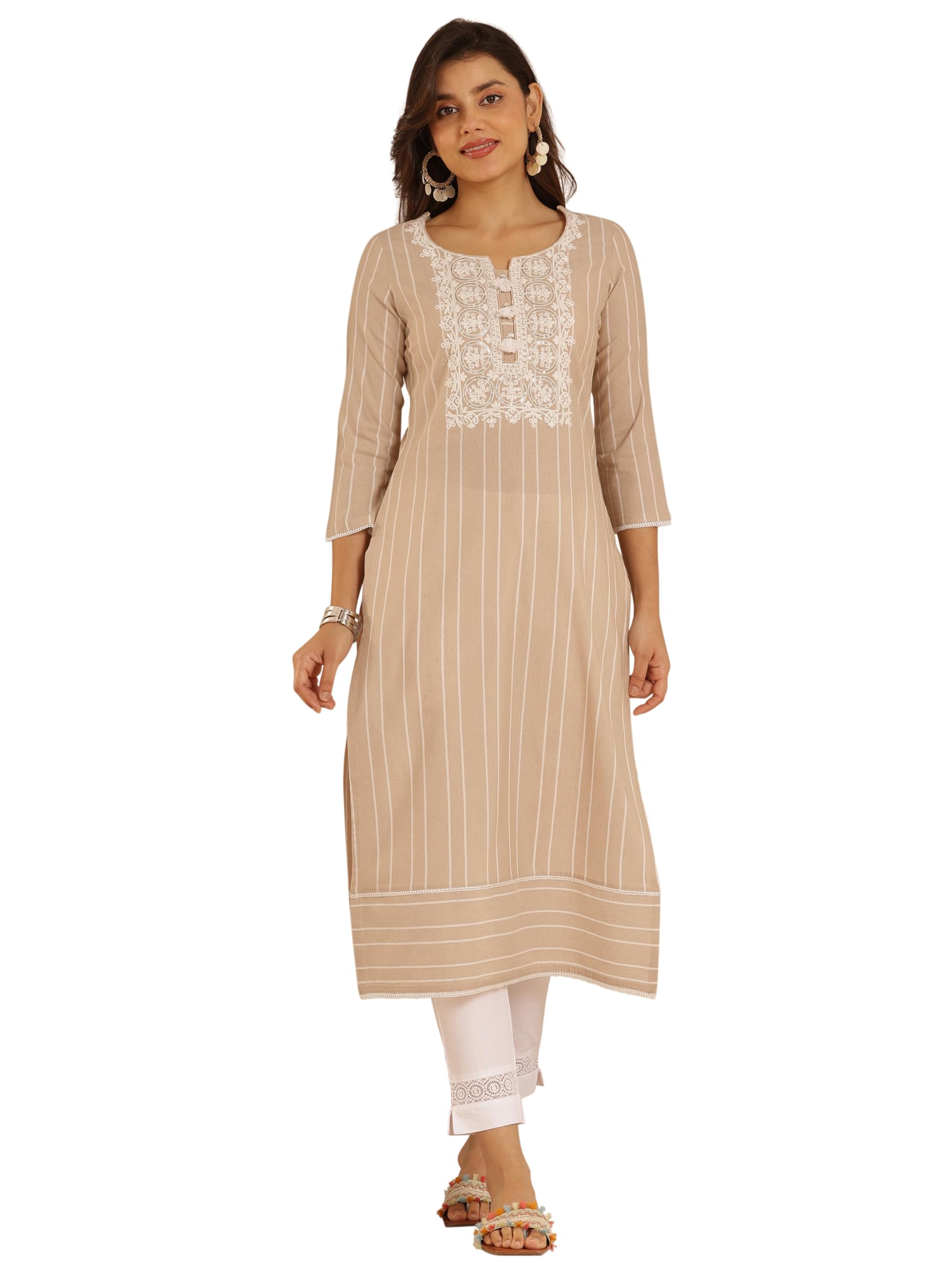 Libas WomenS Cotton Stripes Regular Kurtas (98261 Beige