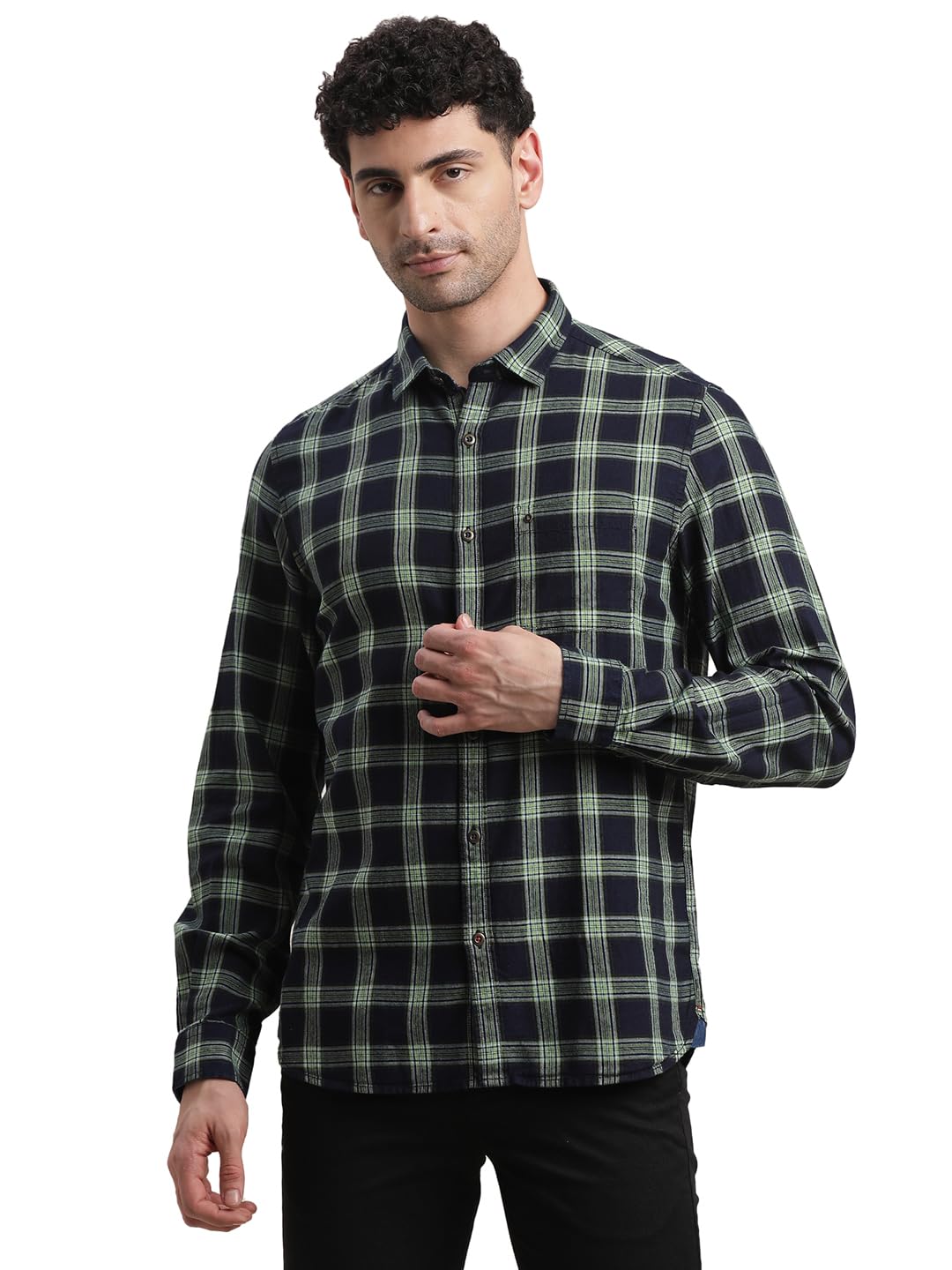 Turtle Men 100% Cotton Indigo Slim Fit Dark Blue Checkered Denim Shirt