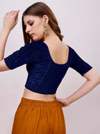 Pujia Mills WomenS Readymade Hosiery Velvet Lycra Stretchable Round Neck Half Sleeve Blouse With Jari Work Fancy Navy Blue Colo
