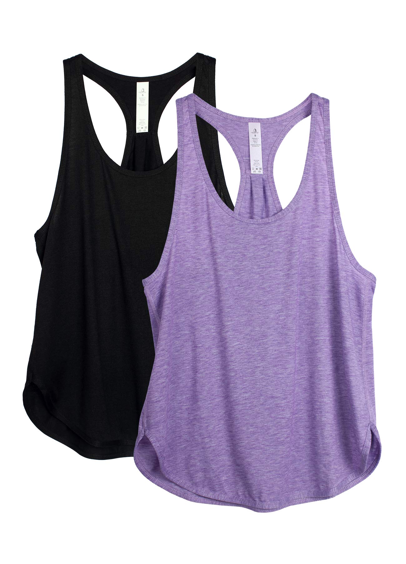 icyzone Workout Tank Tops for Women - Athletic Yoga Tops, Racerback Running Tank Top Loose Fit (L, Black/Lavender)