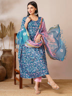 ANNI DESIGNER Women s Casual Rayon Blend Kurta with Pants and Dupatta, Blue, 2XL