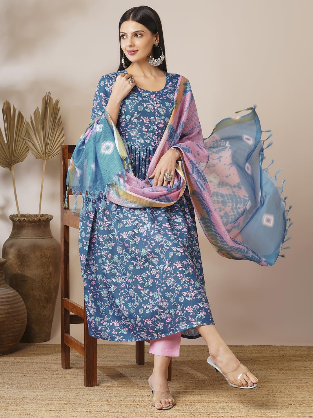ANNI DESIGNER Women s Casual Rayon Blend Kurta with Pants and Dupatta, Blue, 2XL
