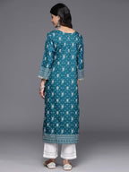 Teal Placement Printed Kurta With Round Neckline,Three Quarter Sleeves,Calf Length Straight Kurta,Side Slit,Straight Hemline.