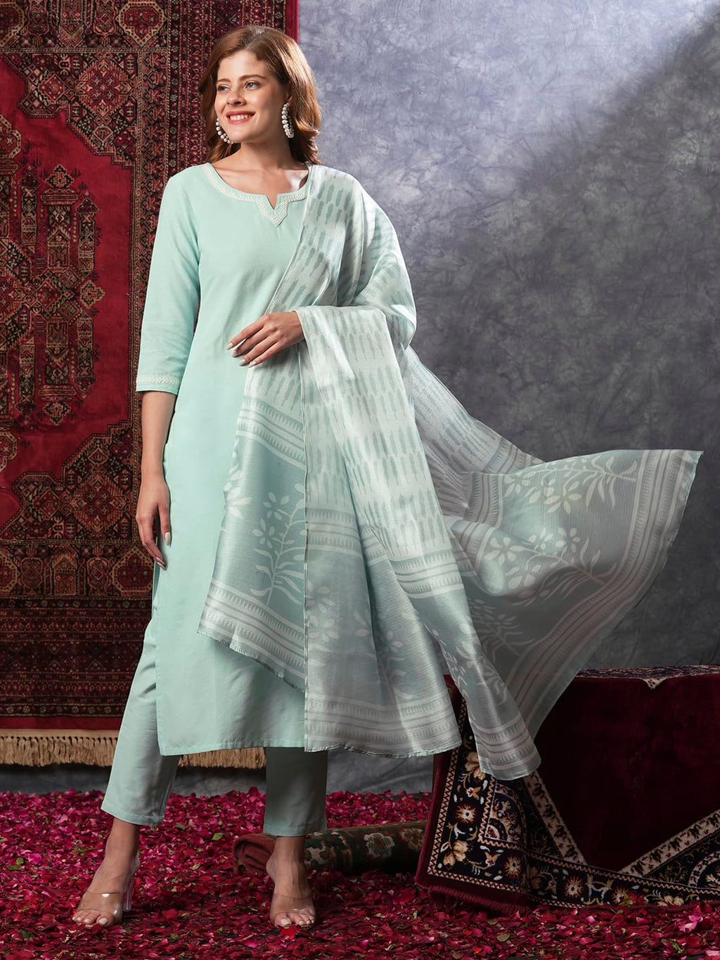 ANNI DESIGNER Women s Kurta Rayon Blend Pants with Dupatta, See Green, Small
