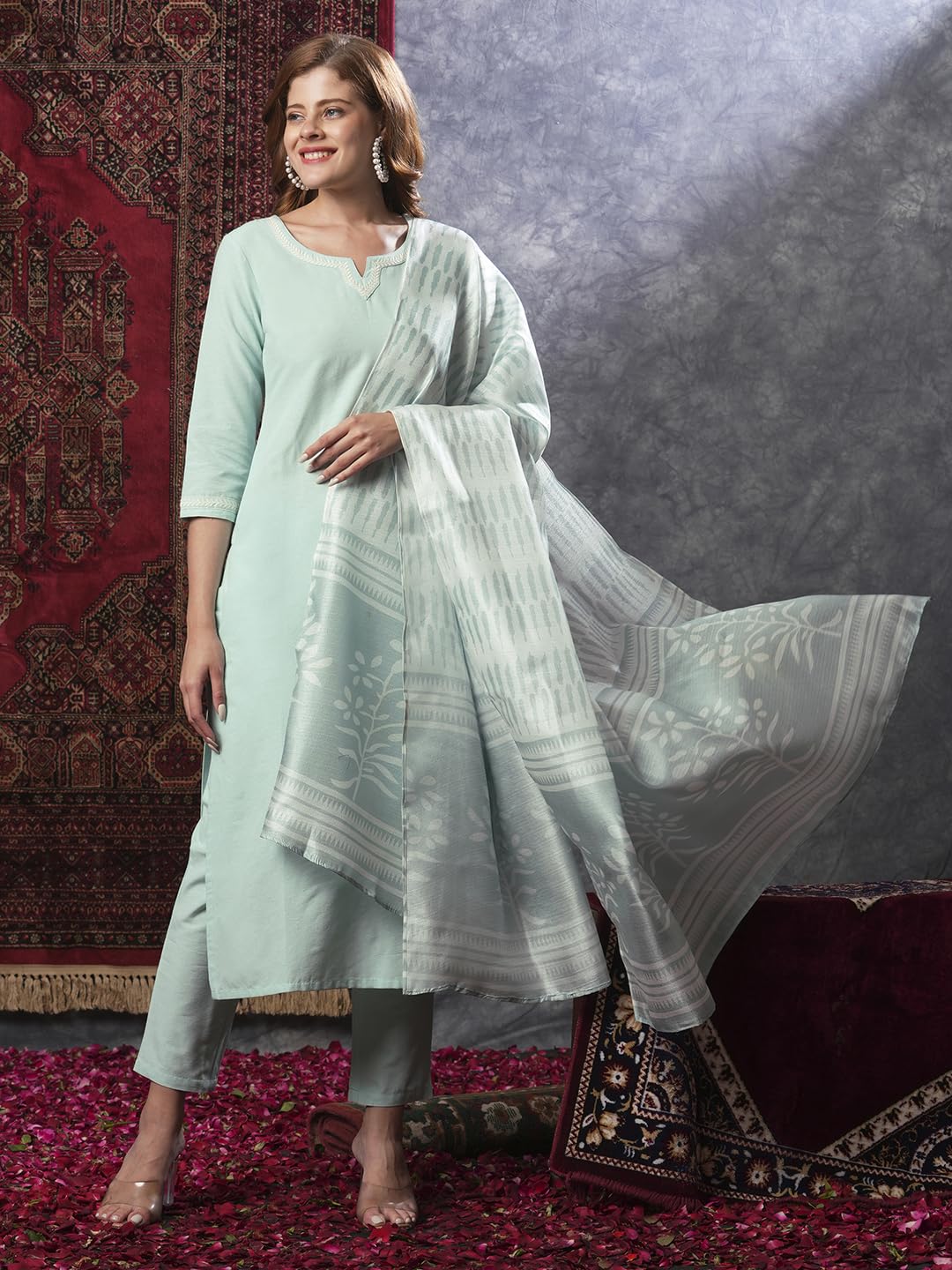 ANNI DESIGNER Women s Kurta Rayon Blend Pants with Dupatta, See Green, Small