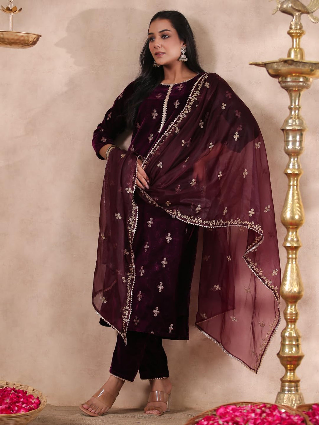 ishin Womens Velvet Self Design Purple Straight Kurta Suit Set with Trousers and Dupatta