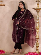 ishin Womens Velvet Self Design Purple Straight Kurta Suit Set with Trousers and Dupatta