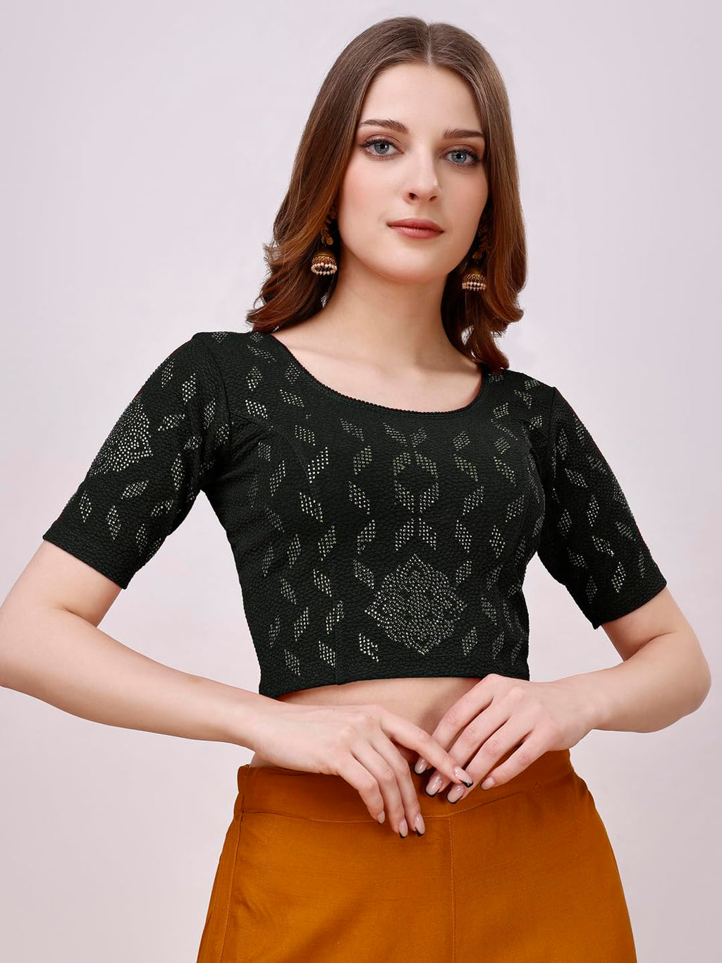 Pujia Mills WomenS Readymade Hosiery Lycra Stretchable Round Neck Half Sleeve Blouse With Swaroski Work Fancy Lycra Stretchable