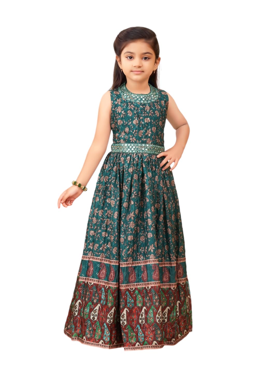 Aarika Girls Ethnic Wear Green Colour Floral Print Mirror Embroidery Silk Gown (1-7 Years)