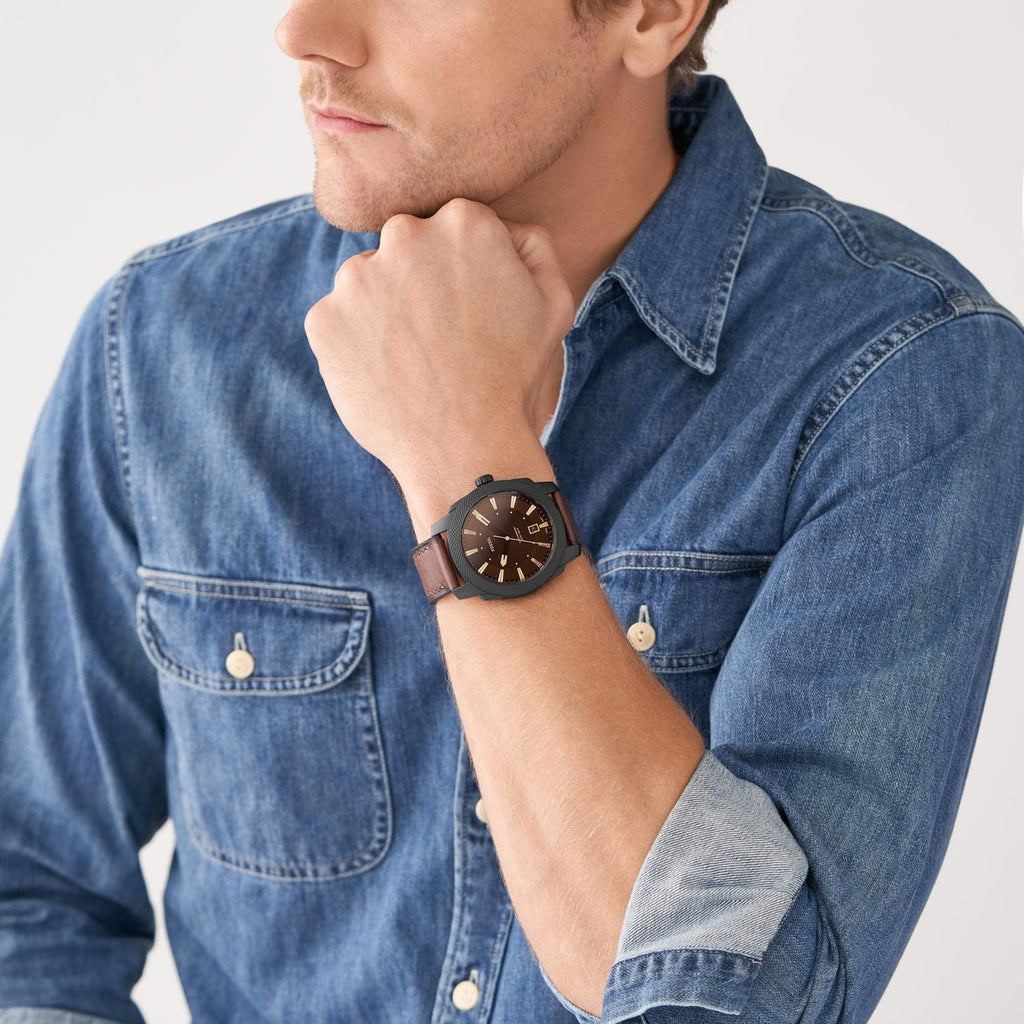 Fossil Men's Machine 49mm Quartz Stainless Steel and Leather Three-Hand Watch, Color: Black, Brown (Model: FS5972)