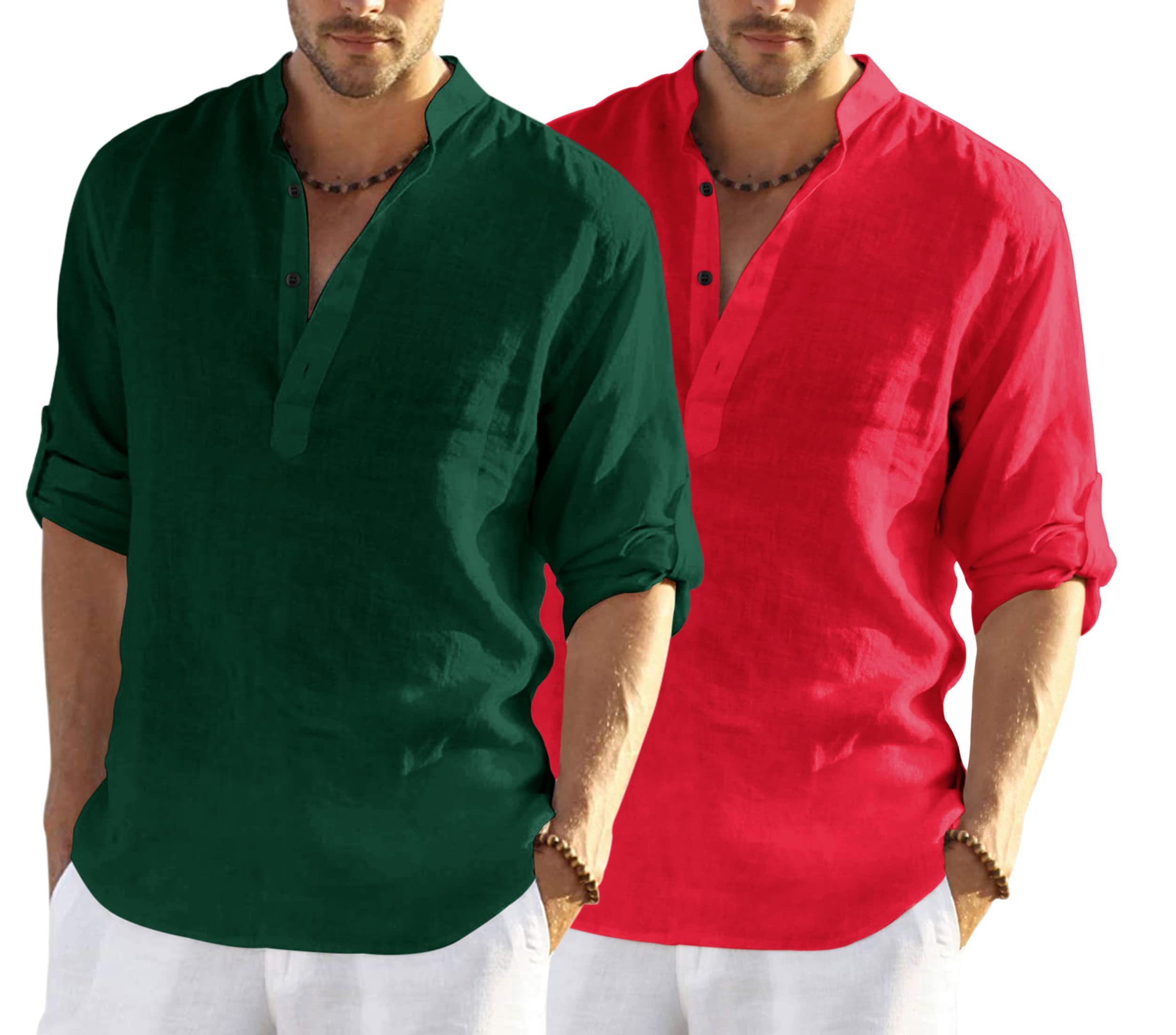 Hemrin Combo Of MenS Cotton Blend Full Sleeve Short Kurta Shirt With Mandarin Collar Pack Of 2