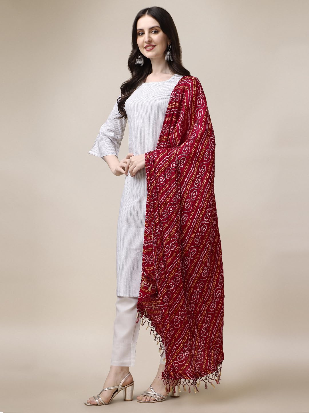 Fashion Basket Women Cotton Striped Printed Kurta Set With Pant & Dupatta (Small, White)