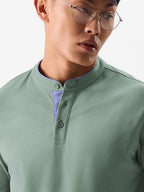 The Souled Store Solids: Sage Green Mens Regular Fit Solid Half Sleeve Cotton Green Mandarin Polos Mandarin Polos Fashionable Tr