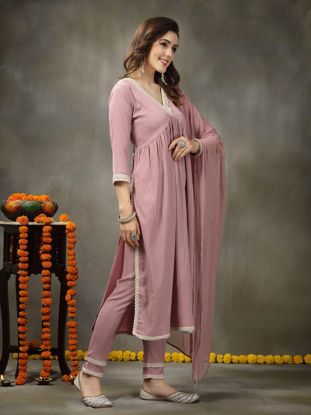 Stylum WomenS Solid Crepe Naira Cut Kurta Pant & Dupatta Set