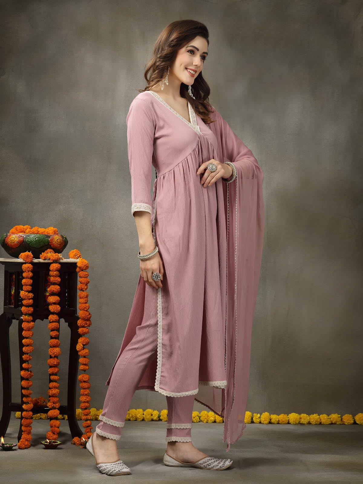 Stylum WomenS Solid Crepe Naira Cut Kurta Pant & Dupatta Set