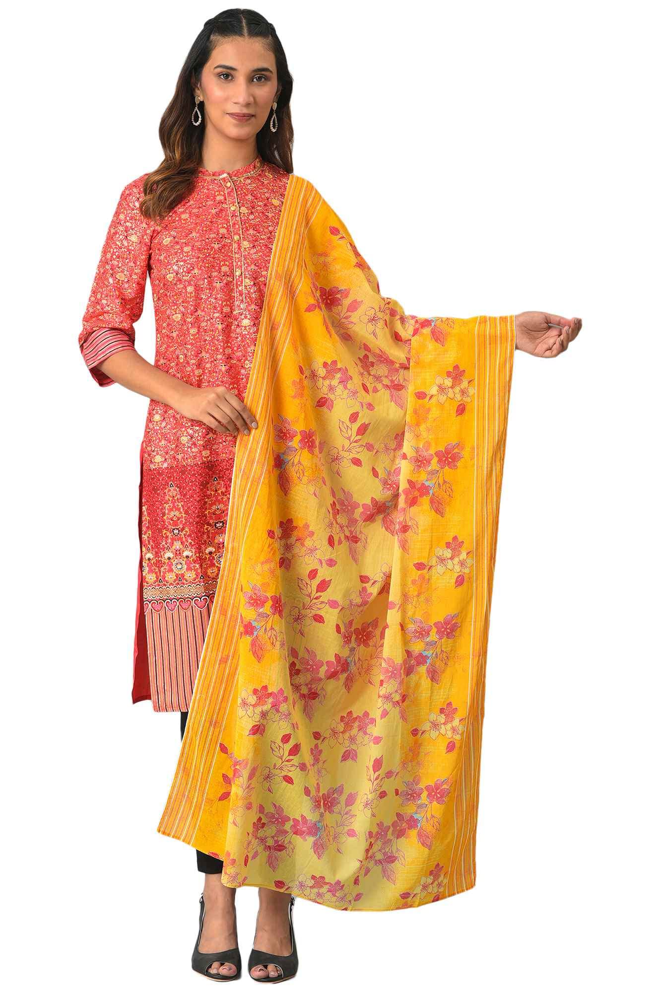 Get Yourself This Sprightly Yellow Printed Cotton Voile Dupatta, With A Bouquet Of Flowers Running Through ItS Entire Length. T