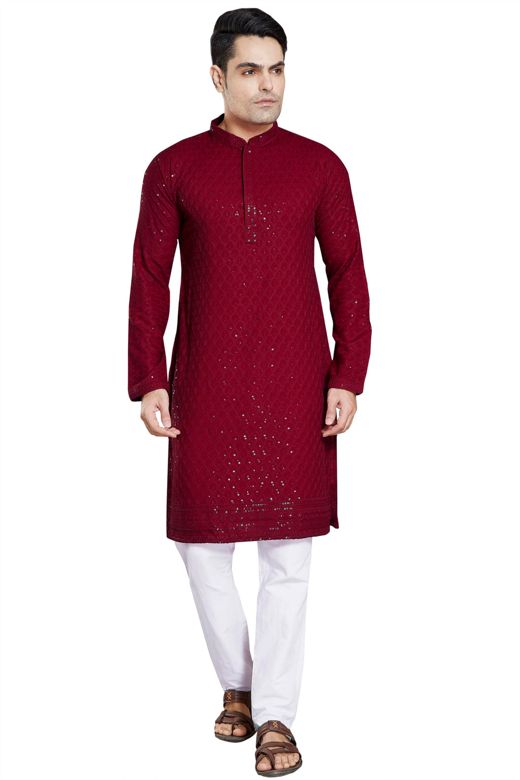 DIVISIVE Mens Sequince Embroidered Cotton Blend Only Kurta (DKRT2_XL_Maroon)