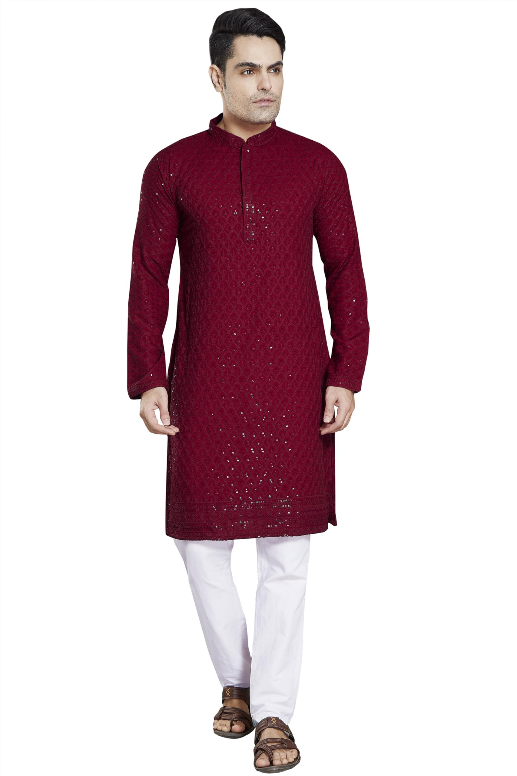 DIVISIVE Mens Sequince Embroidered Cotton Blend Only Kurta (DKRT2_XL_Maroon)