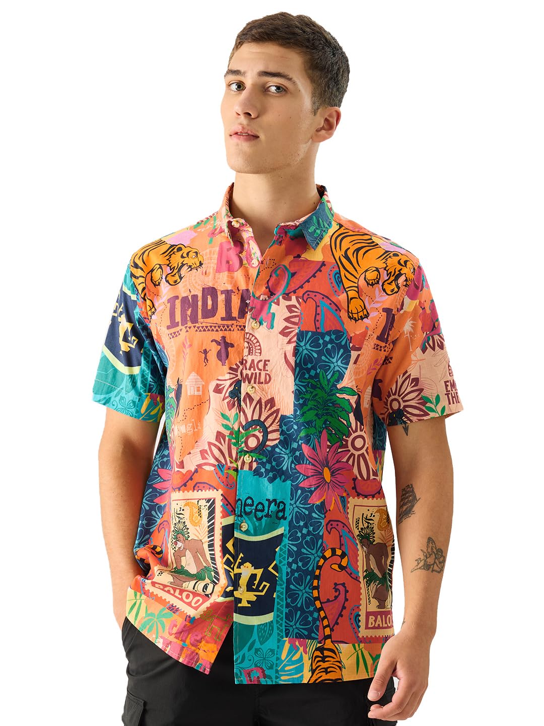 The Souled Store Official Jungle Book: Indie Print Short Sleeve Collared Button Down Regular Fit Cotton Summer Shirts for Men & 