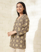 Fabindia WomenS Cotton Printed Slim Kurta (1037347Grey- Grey-Mustard