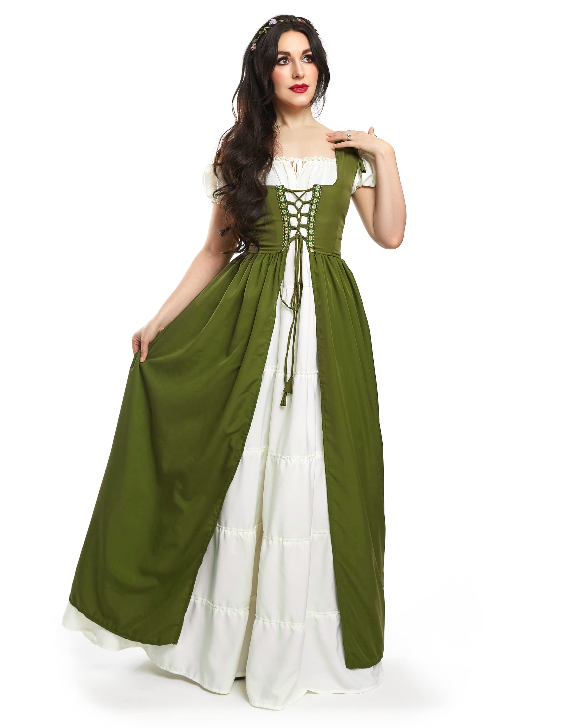 Reminisce renaissance women dress medieval Irish Costume Chemise and Over Dress (S/M, Olive Green)