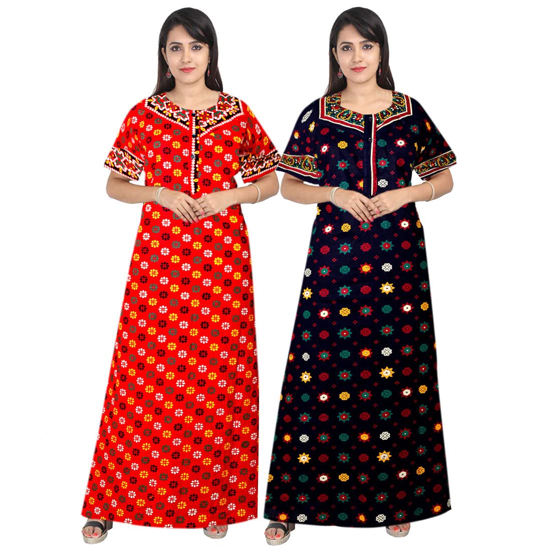 Mudrika Attractive WomenS 100% Cotton Printed Nightwear Maternity Maxi Gown Nightdresses (Pack Of 2) Red,Blue