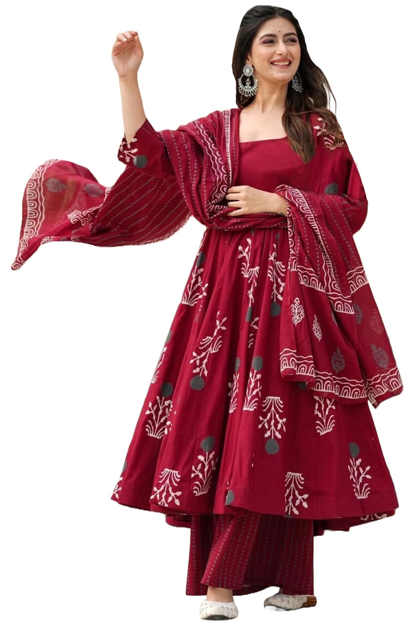 Anni Designer WomenS Rayon Viscose Anarkali Printed Kurta With Pant & Dupatta (Giyana Maroon_L_Maroon_Large)