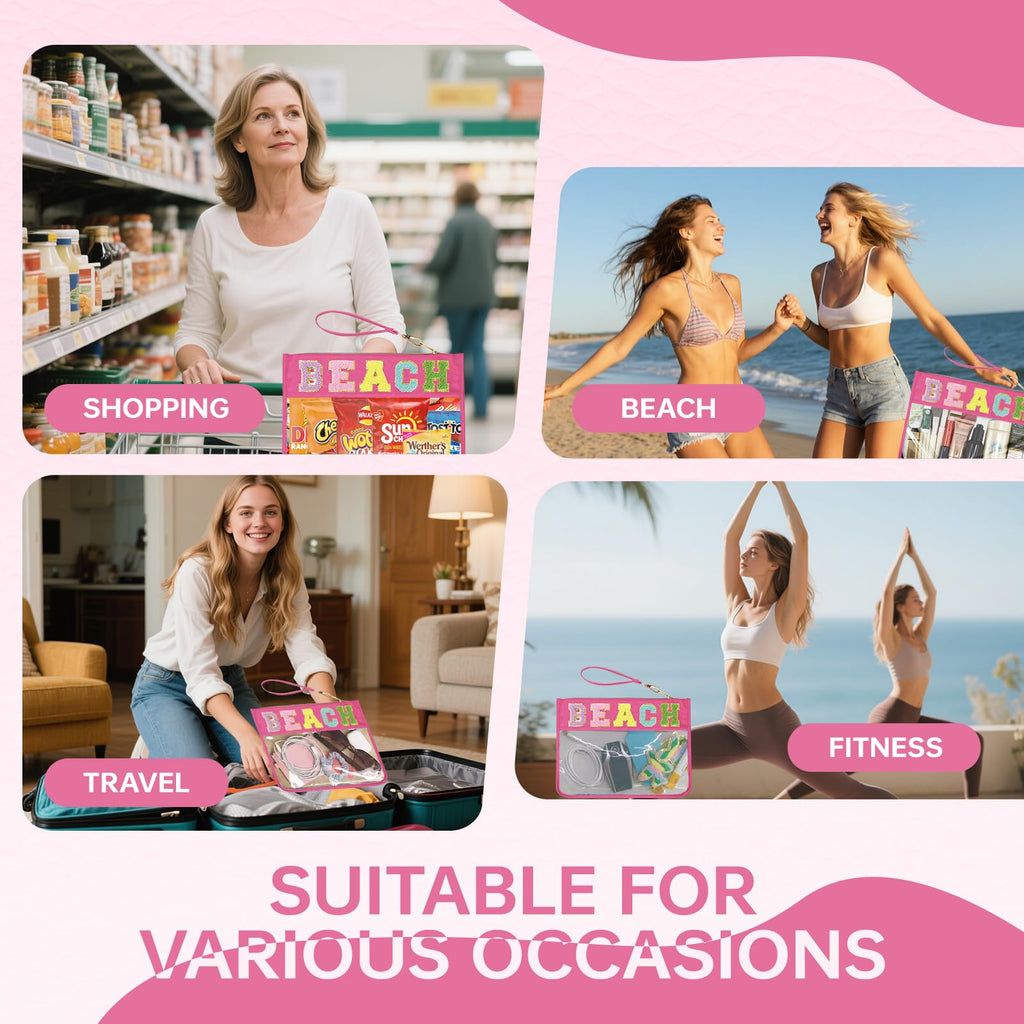 Burskit Beach Bag,Sunscreen Bag, Chenille Letter Clear Zipper Pouch for Travel Preppy Patch Makeup Bag-Nylon Cosmetic Preppy Mak