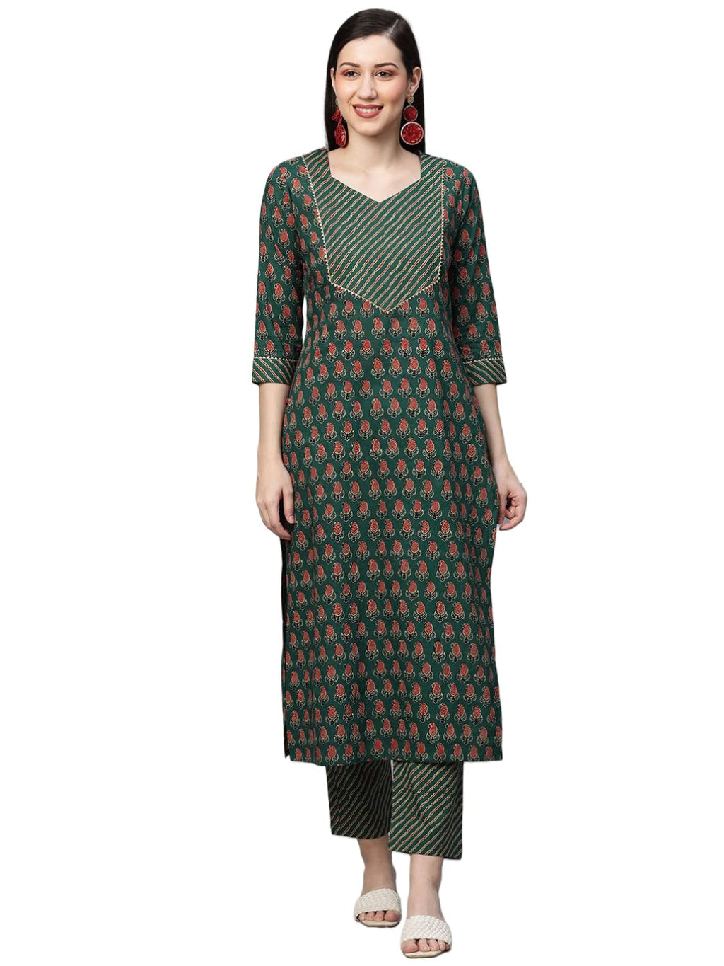 ANNI DESIGNER Womens Cotton Blend Printed Straight Kurta with Pant (Jinki-Light Green_M_Dark Blue_Medium)