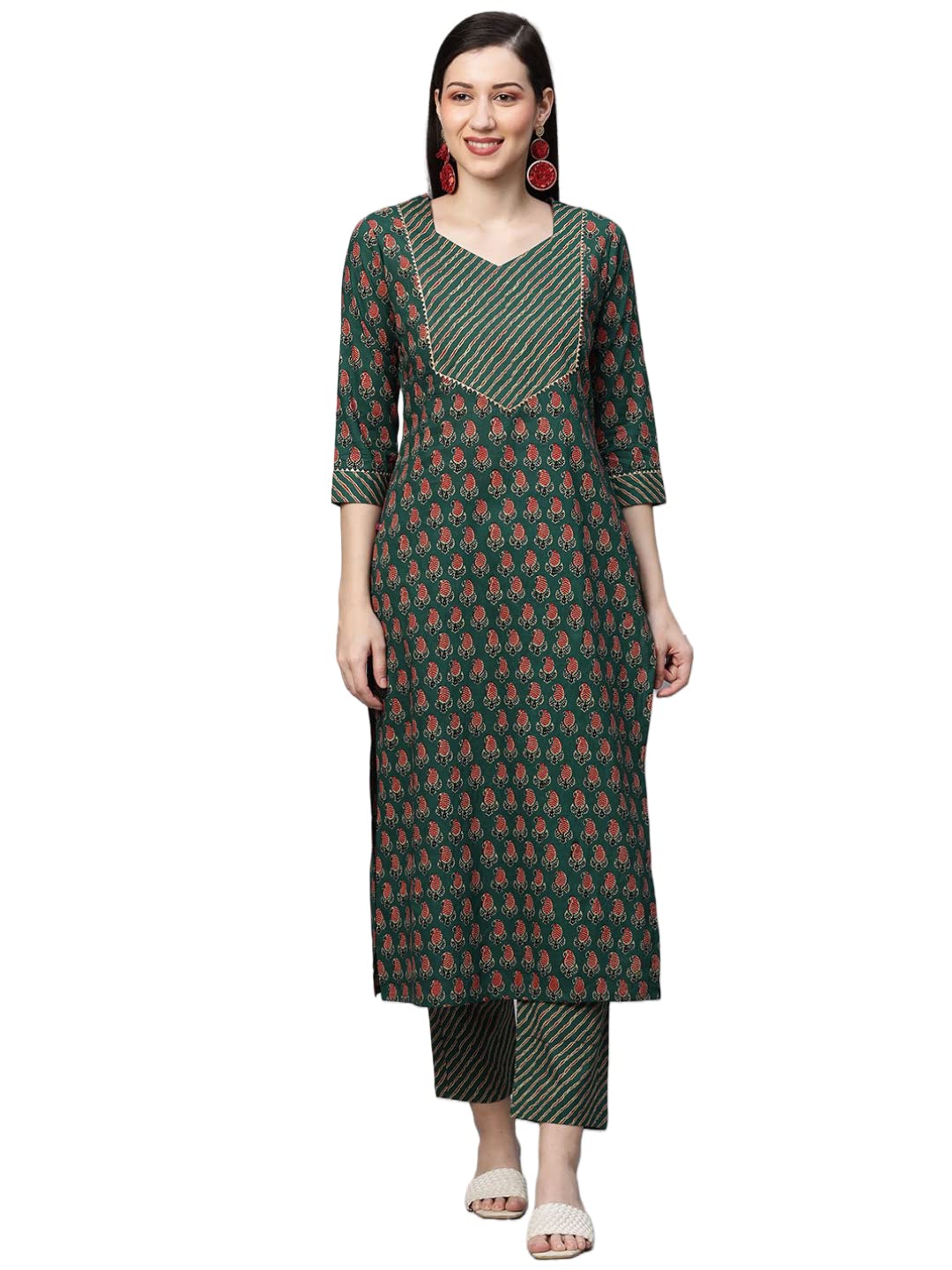 ANNI DESIGNER Womens Cotton Blend Printed Straight Kurta with Pant (Jinki-Light Green_M_Dark Blue_Medium)