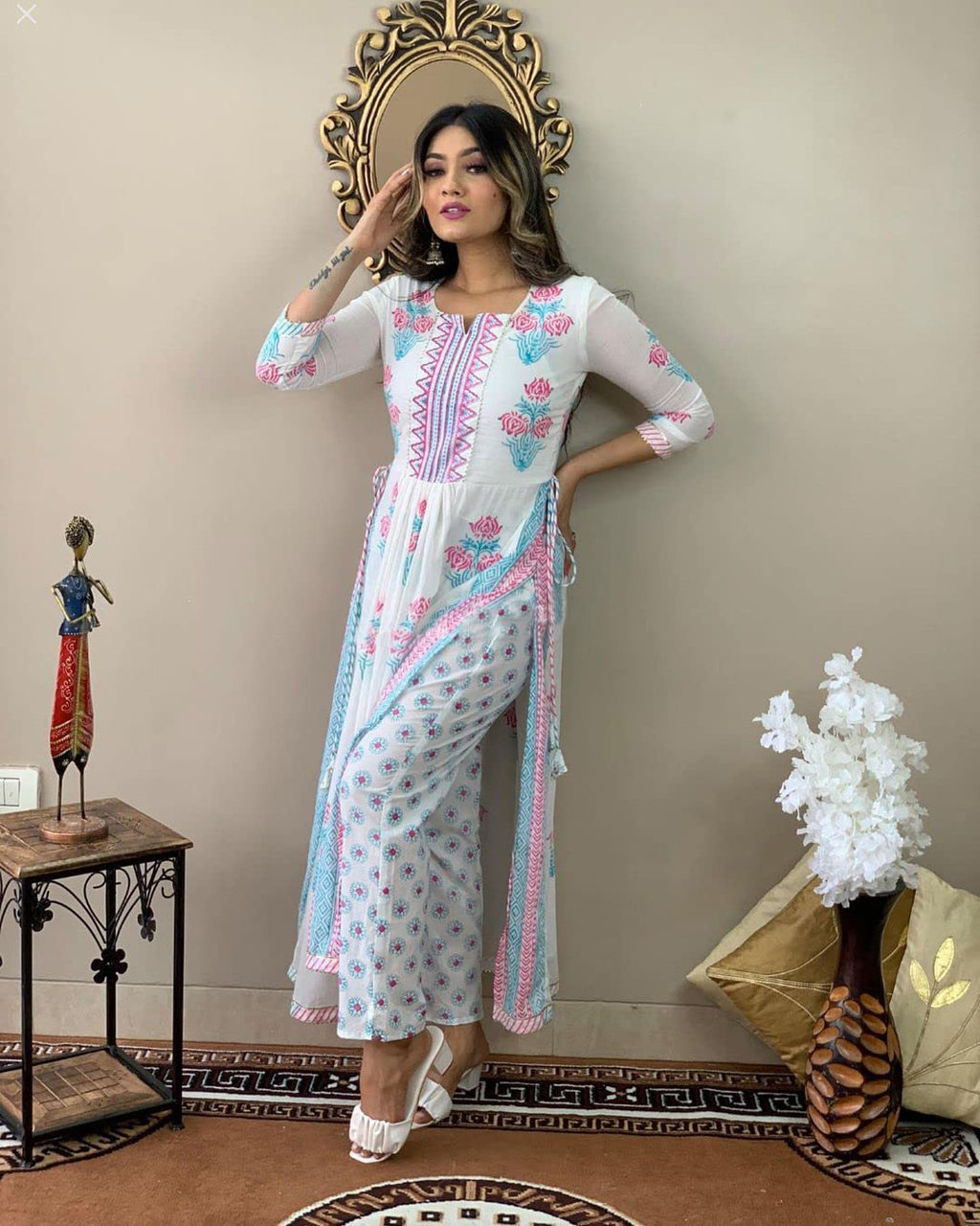 ANNI DESIGNER Womens Cotton Blend Printed Straight Kurta with Pant (Pupet White_XXL_White_XX-Large)