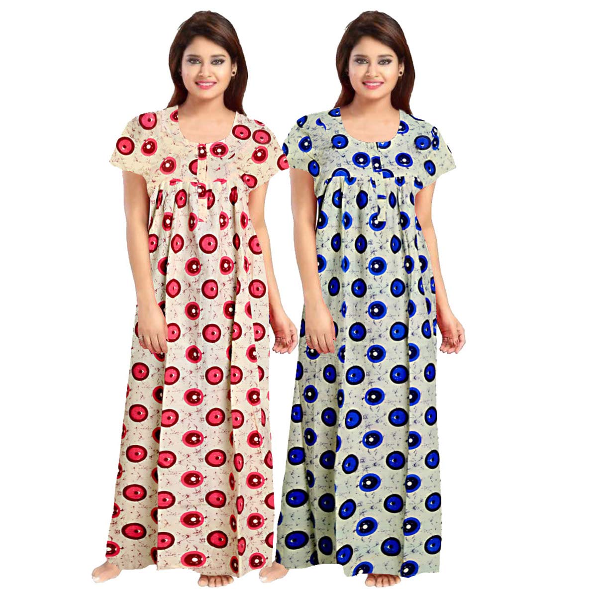 Mudrika WomenS 100% Cotton Printed Front Zipper Maternity Wear Full Length Nightdresses (Combo Pack Of 2 Pcs.)