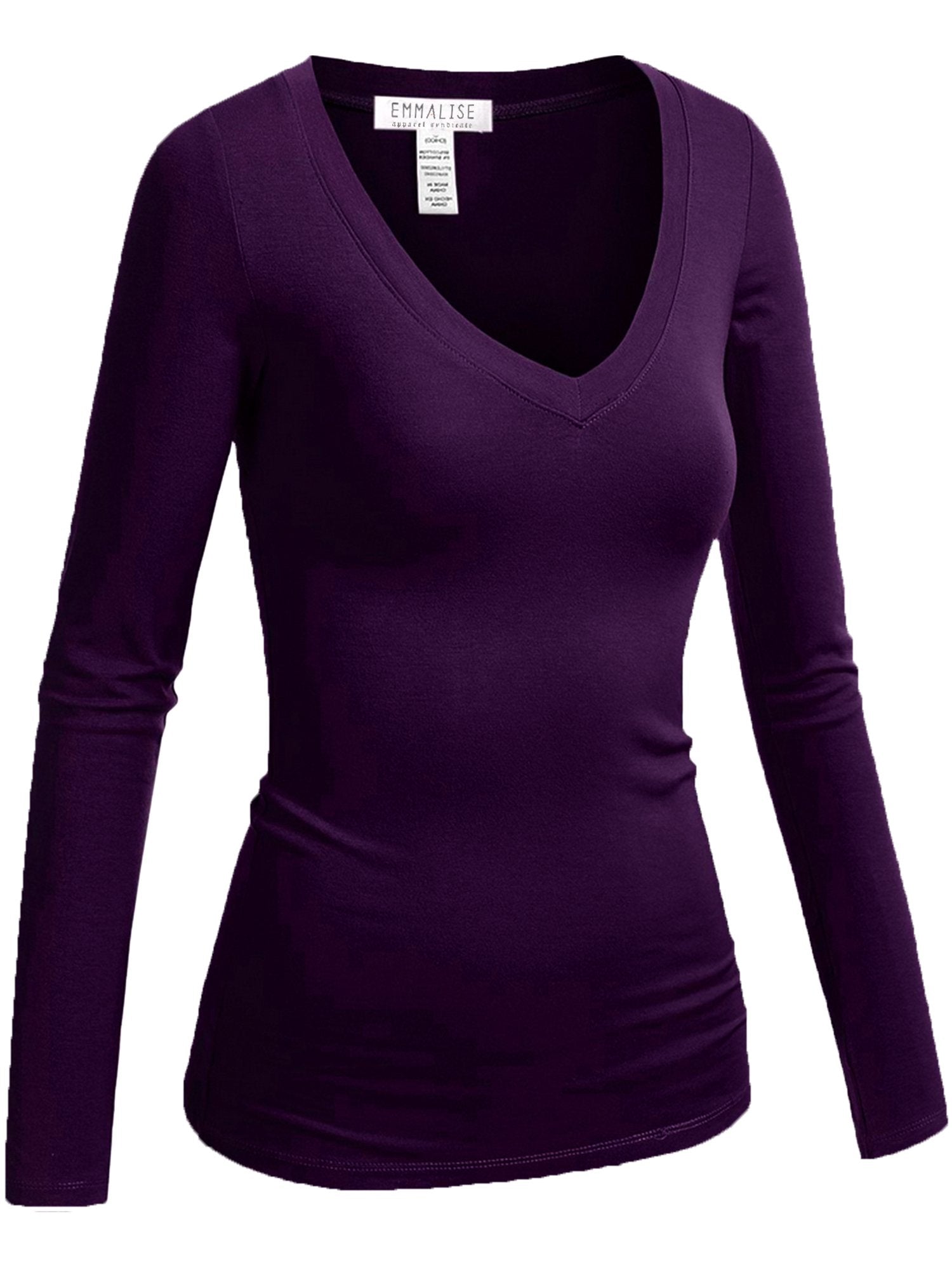 Emmalise Women's Casual Basic V-Neck Tshirt Long Sleeves Tee Top - Purple, S